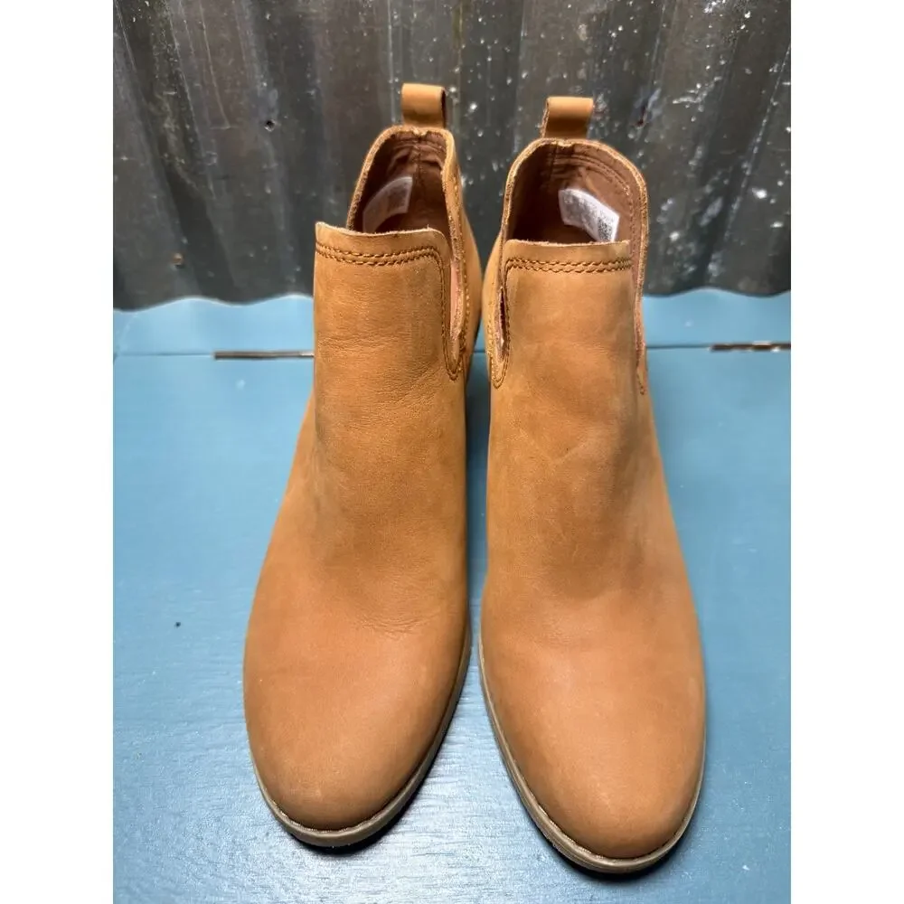 TOMS Kallie Wedge Ankle Bootie Size 8 Tan Oiled Leather Nubuck Slip-On Cutout
